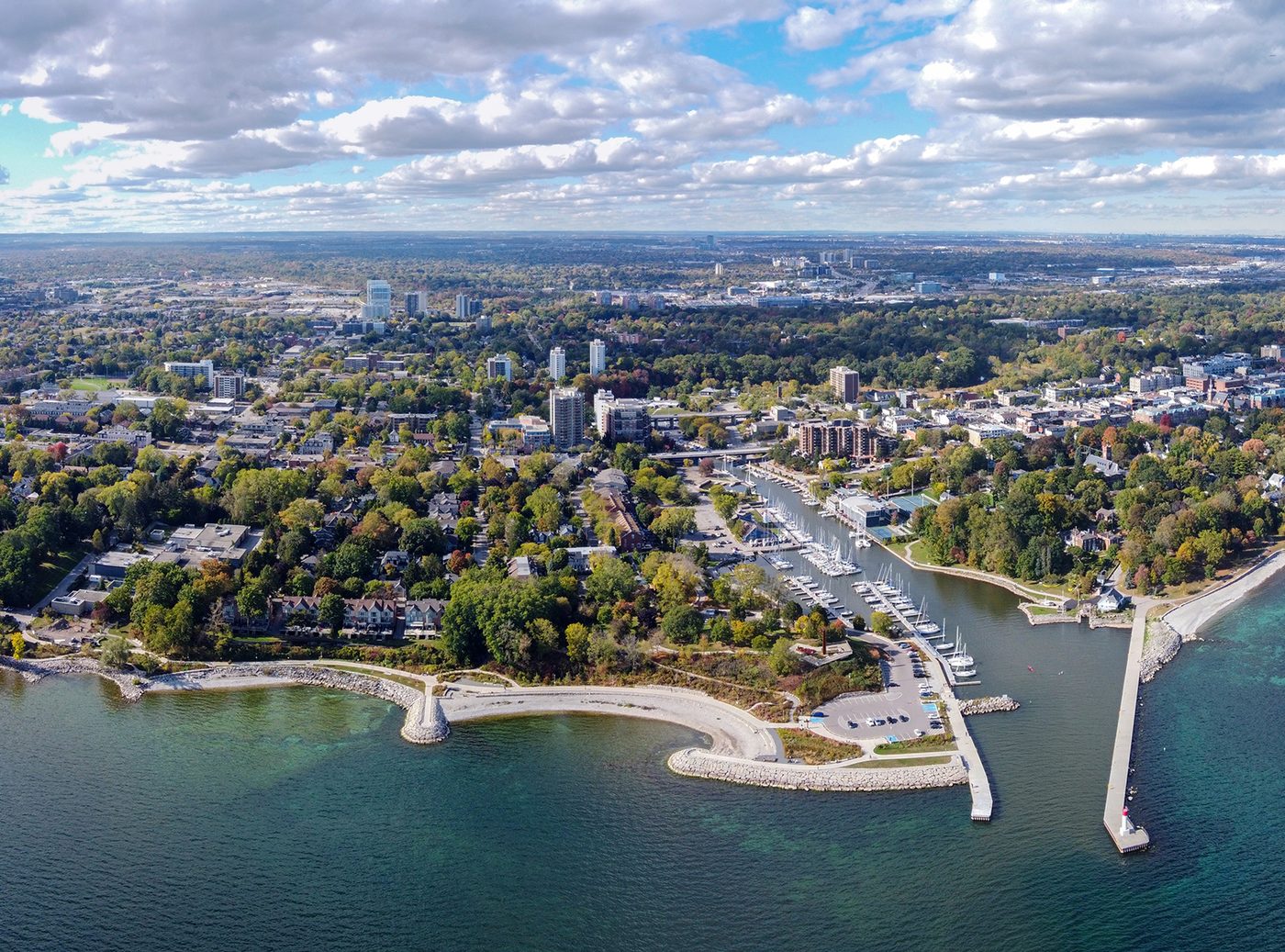 An aerial view of Oakville harbour and the mouth of Sixteen Mile Creek — Sensible serves commercial and industrial buildings across Oakville, Ontario
