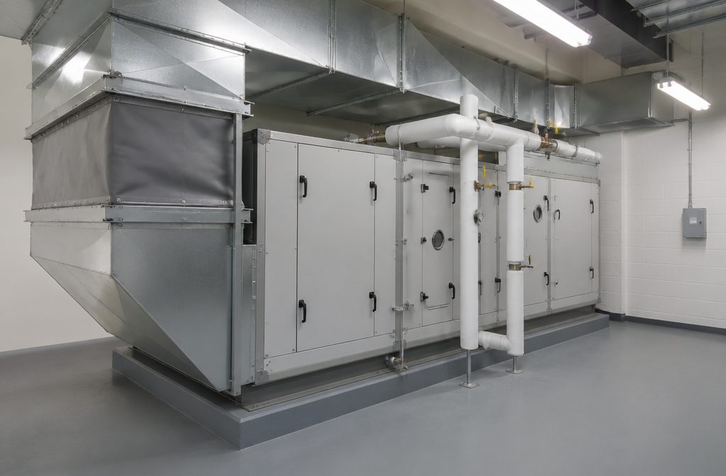 Commercial air handling unit in a mechanical room