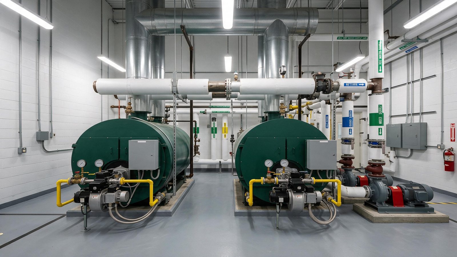 Commercial hot water boilers in a mechanical plant room