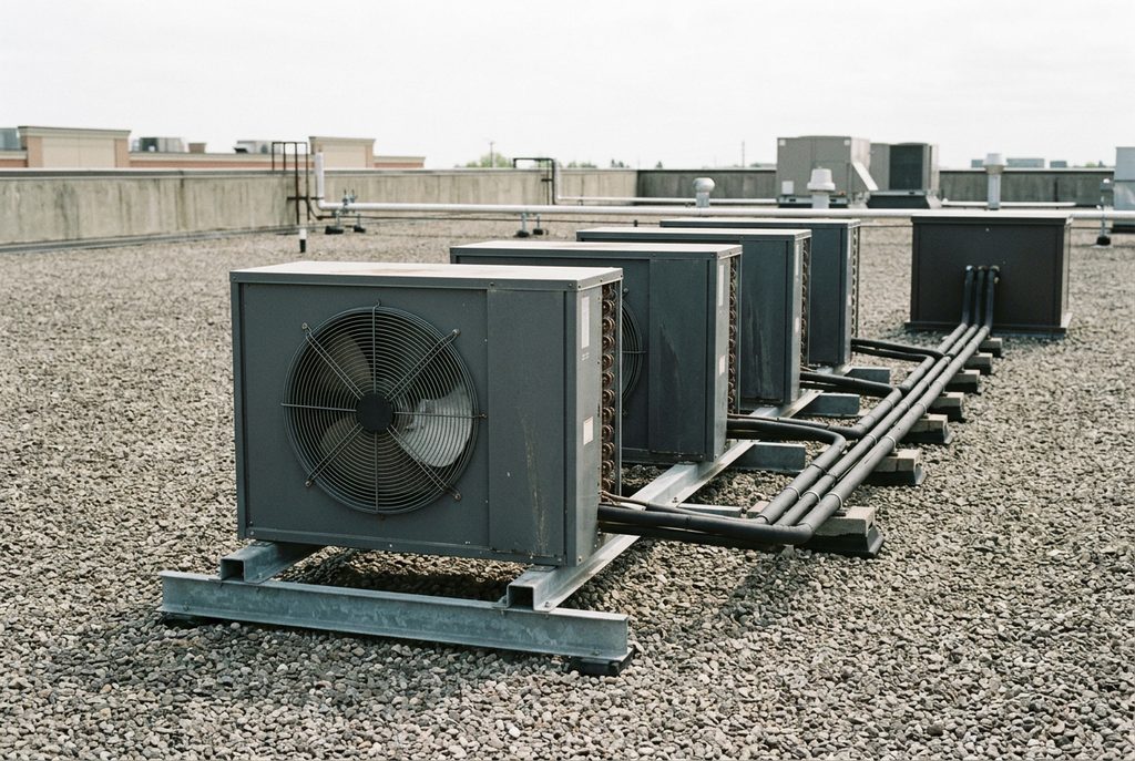 Commercial heat pump condensing units mounted on a flat roof
