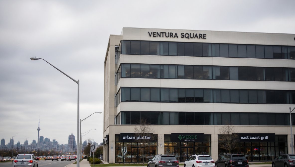 Exterior of a mid-rise commercial office and retail plaza in the Greater Toronto Area