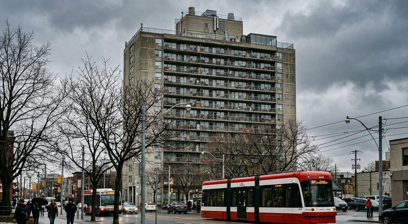 Exterior of a high-rise residential condo tower in the Greater Toronto Area