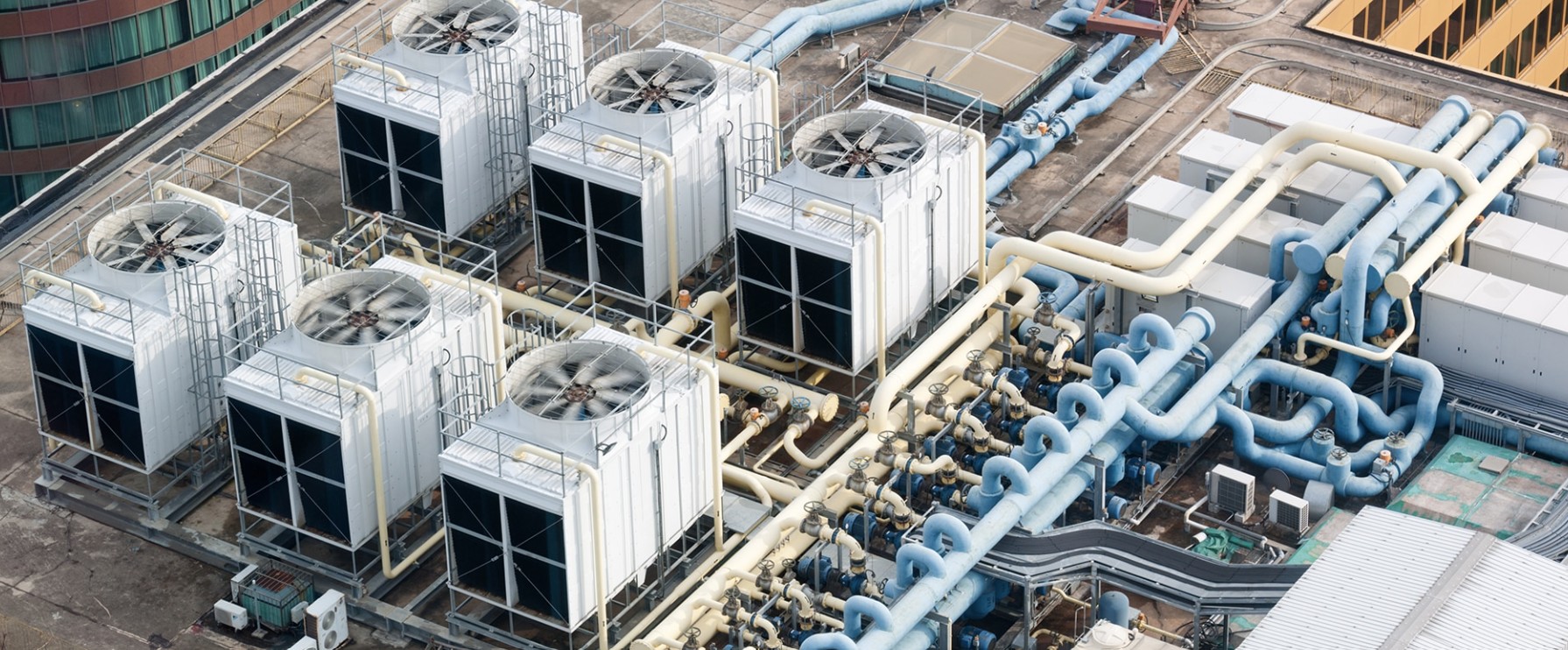 Commercial cooling tower mounted on rooftop structural steel