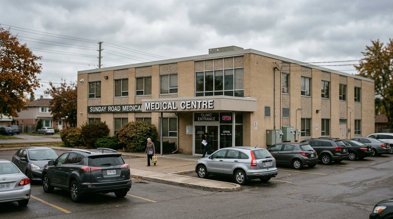 Exterior of a medical centre and clinic building in a Greater Toronto Area suburb