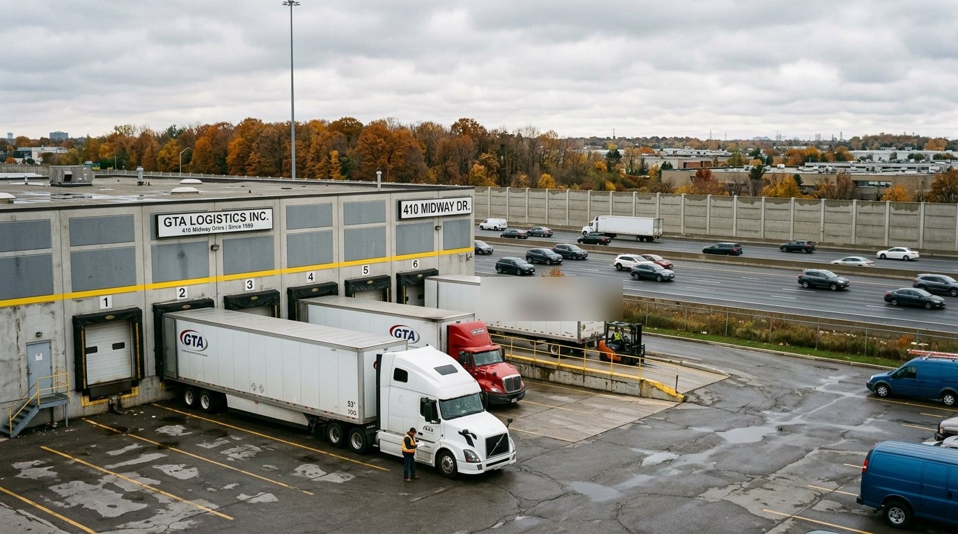 Exterior of a logistics warehouse and light-industrial facility in the Greater Toronto Area