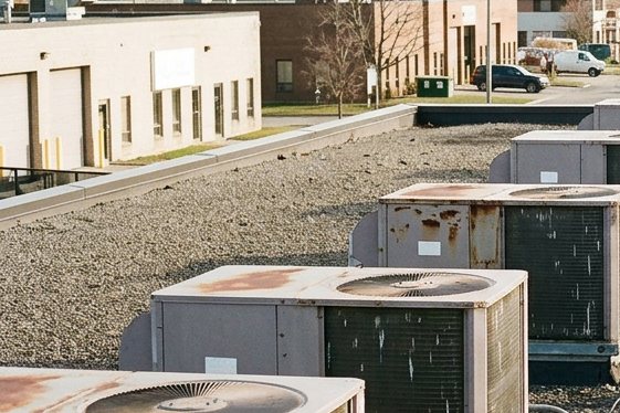 Packaged rooftop HVAC units on a commercial gravel roof