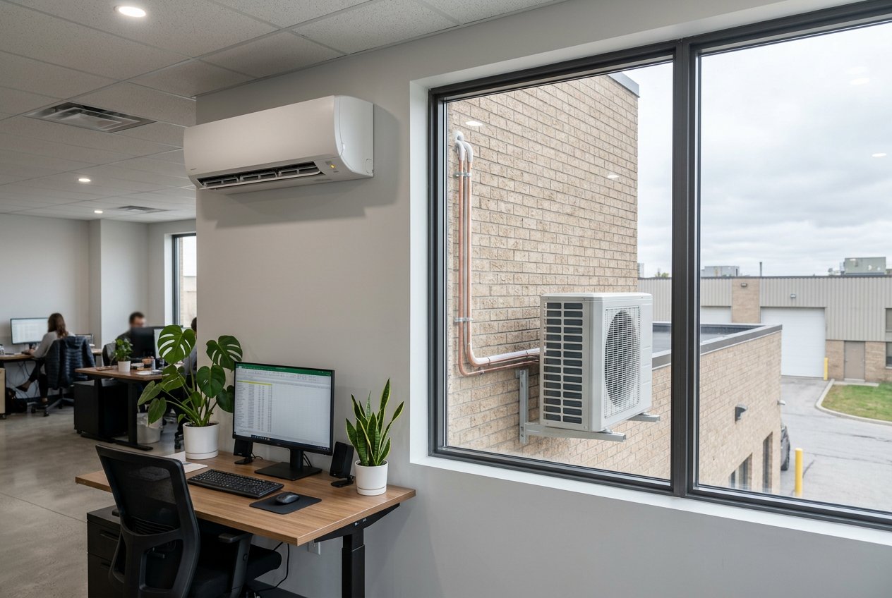Ductless split system head mounted in a commercial office with its condenser outside