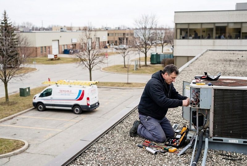 Technician servicing a rooftop unit with a service van below