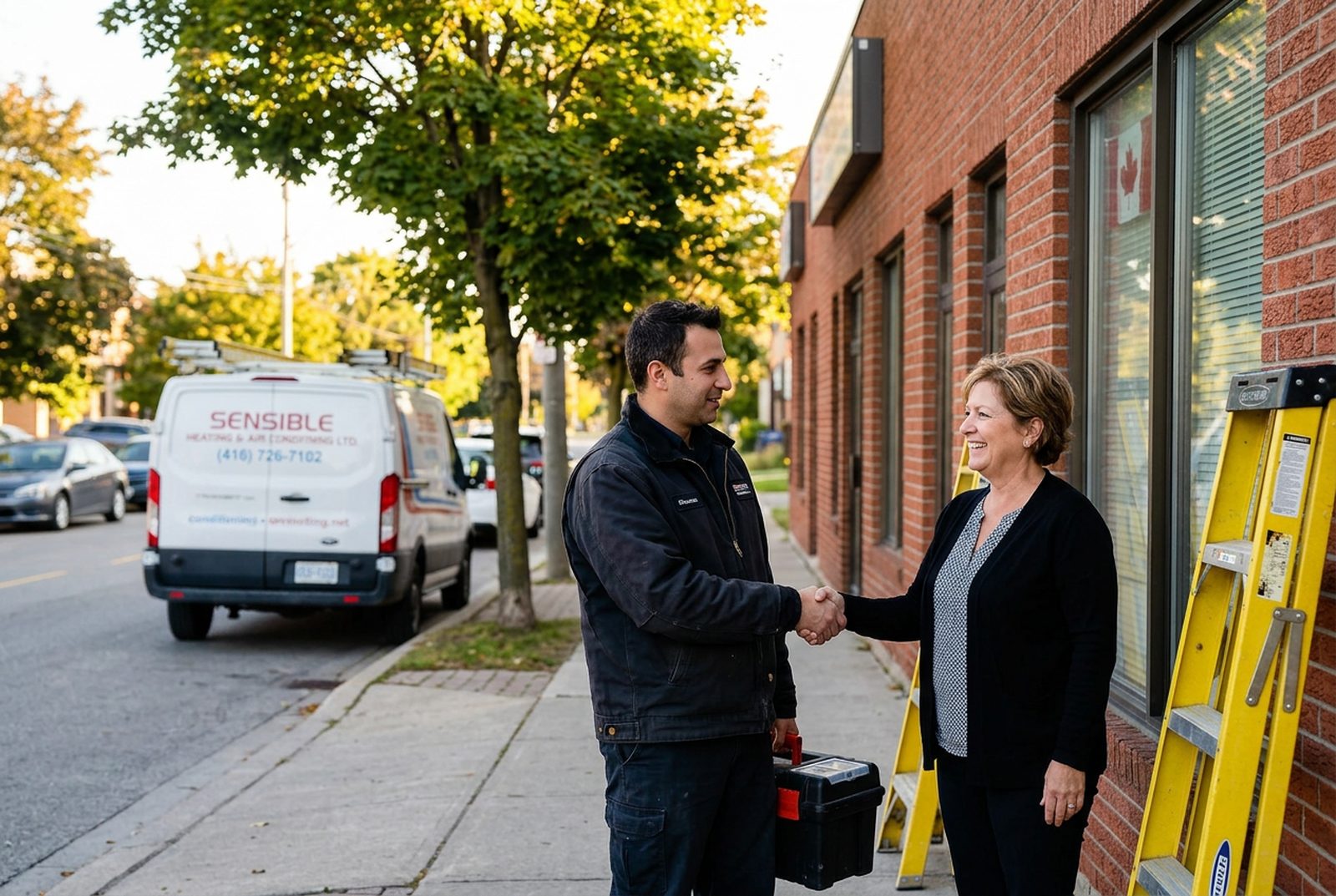 A Sensible technician reviewing findings with the building owner outside her property A Sensible technician reviewing findings with the building owner outside her property