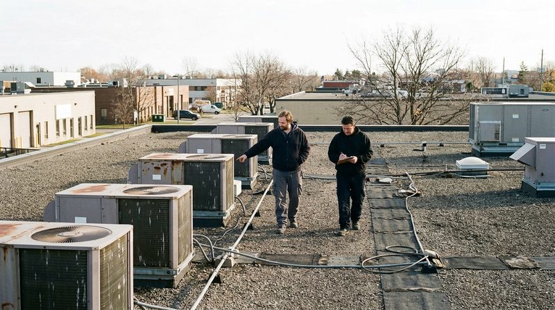 Technicians walking between rooftop units during a maintenance inspection